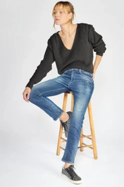 Femme Le Temps des Cerises Coupe Regular-Basic 400/17 Mom Taille Haute 7/8Eme Jeans Destroy Bleu N°2