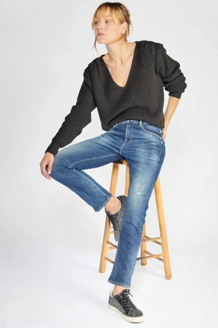 Femme Le Temps des Cerises Coupe Regular-Basic 400/17 Mom Taille Haute 7/8Eme Jeans Destroy Bleu N°2