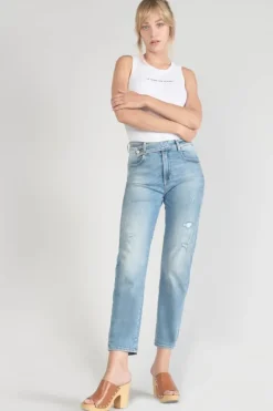 Femme Le Temps des Cerises Coupe Regular-Basic 400/17 Mom Taille Haute 7/8Eme Jeans Destroy Bleu N°4