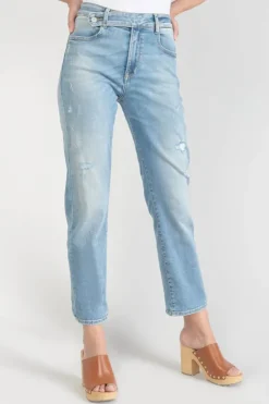 Femme Le Temps des Cerises Coupe Regular-Basic 400/17 Mom Taille Haute 7/8Eme Jeans Destroy Bleu N°4