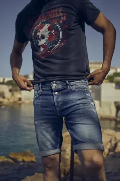Homme Le Temps des Cerises Bermudas-Bermuda Laredo En Jeans Bleu Fonce Destroy