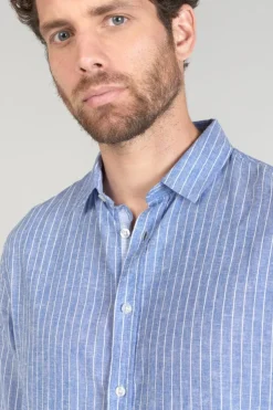 Homme Le Temps des Cerises Chemises-Chemise Bolko En Lin Melange Bleu Ciel