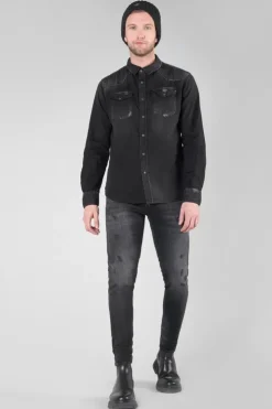 Homme Le Temps des Cerises Chemises Et Vestes-Chemise Juanito En Jeans Noir Delave