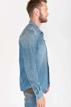 Homme Le Temps des Cerises Chemises Et Vestes-Chemise Juanito En Jeans Bleu Delave