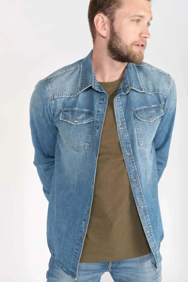 Homme Le Temps des Cerises Chemises Et Vestes-Chemise Juanito En Jeans Bleu Delave