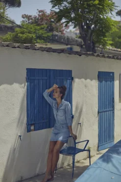 Femme Le Temps des Cerises Coupe Criss Cross-Jupe Alofi En Jeans Bleu Clair