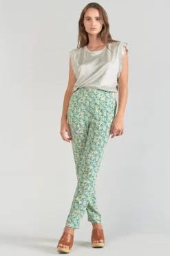 Femme Le Temps des Cerises Pantalons & Chinos-Pantalon Rani A Motif Fleuri Vert Et Bleu