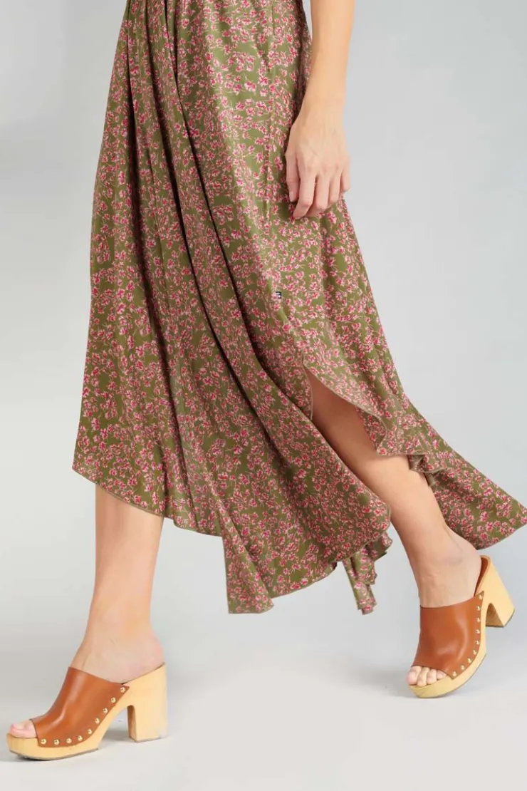 Femme Le Temps des Cerises Robes-Robe Longue Yaka Kaki A Motif Fleuri