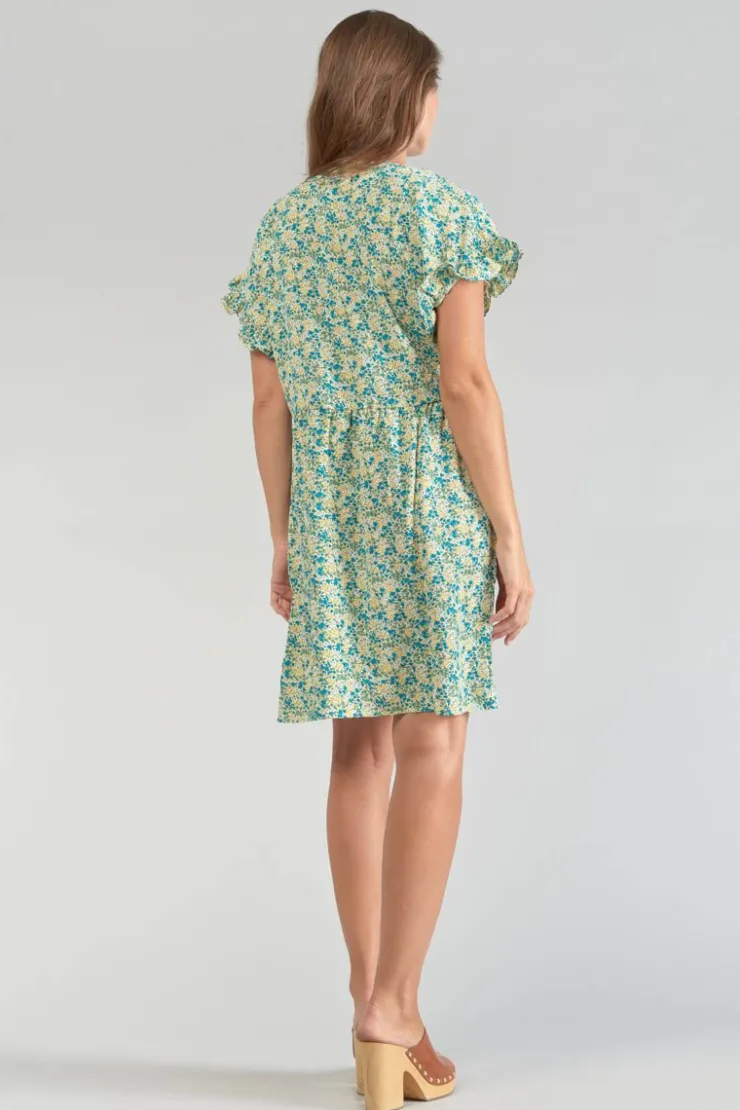 Femme Le Temps des Cerises Robes-Robe Tate A Motif Fleuri Vert Et Bleu