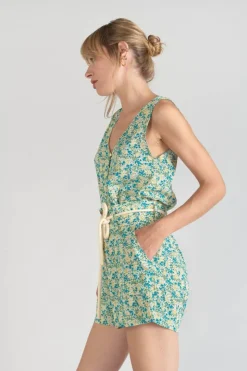 Femme Le Temps des Cerises Shorts & Jupes-Short Lamet A Motif Fleuri Vert Et Bleu