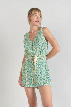 Femme Le Temps des Cerises Shorts & Jupes-Short Lamet A Motif Fleuri Vert Et Bleu