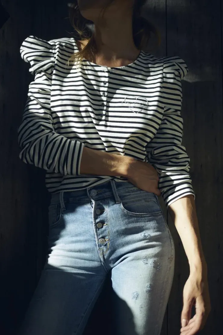 Femme Le Temps des Cerises T-Shirts & Débardeurs-Top Demi A Rayures Noires Et Blanches