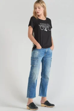 Femme Le Temps des Cerises T-Shirts & Débardeurs-T-Shirt Bi-Matiere Domi Noir Imprime