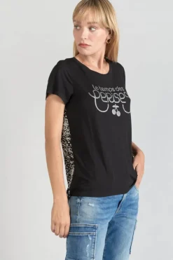 Femme Le Temps des Cerises T-Shirts & Débardeurs-T-Shirt Bi-Matiere Domi Noir Imprime