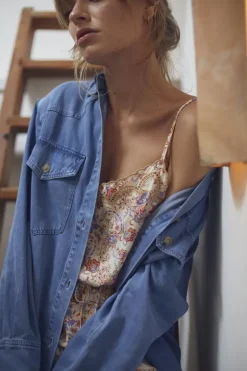 Femme Le Temps des Cerises Vestes & Blousons-Veste Chemise En Tencel Neja Bleue