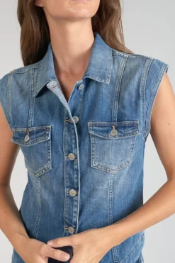Femme Le Temps des Cerises Chemises Et Vestes-Veste Sans Manches Galinat En Jeans Bleu